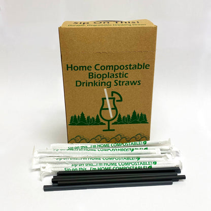 Black home compostable drinking straws 7.75 inch 7mm TÜV BPI certified inner packaging